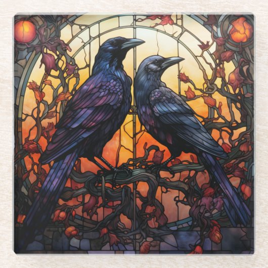Glas in lood Ravens Glazen Onderzetter (Voorkant)