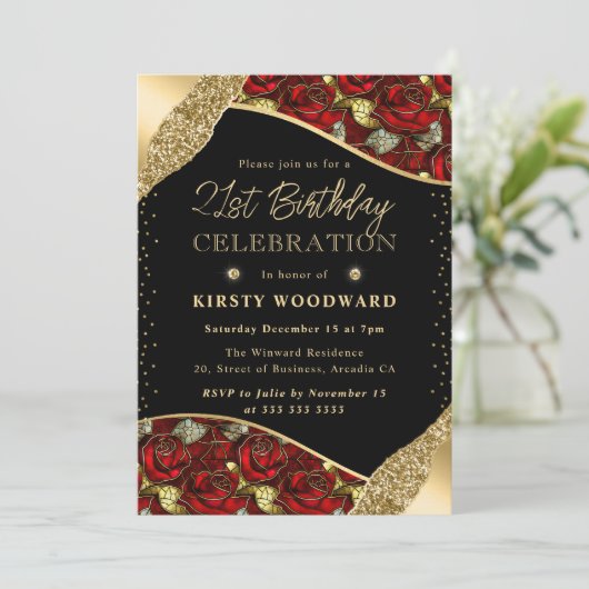 Glas in lood Rood en Goud Rozen 21ste Verjaardag Kaart (Staand voorkant)