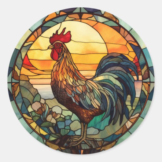 Glas in lood Rooster Ronde Sticker (Voorkant)