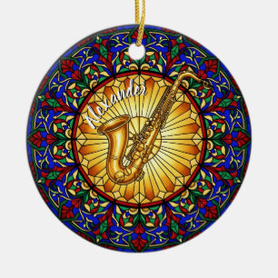 Glas in lood Saxofoon Aangepaste Naam Kerst Keramisch Ornament