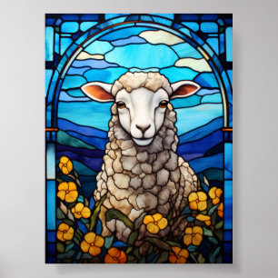 Glas-in-lood schapen in een lentewei vol gele bloe poster