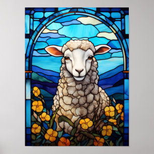 Glas-in-lood schapen in een lentewei vol gele bloe poster
