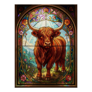 Glas-in-lood Schotse Hoogland Koe Art Nouveau Perfect Poster