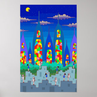 Glas-in-lood-stad op een sterrenhemel. poster