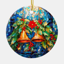 Glas in lood stijl kerstbellen en poinsettia keramisch ornament