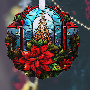 Glas in lood Stijl Kerstboom en Poinsettia Ornament Kaart
