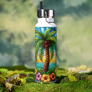 Glas in lood stijl palmboom en Hibiscus Waterfles