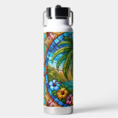 Glas in lood stijl palmboom en Hibiscus Waterfles (Voorkant)