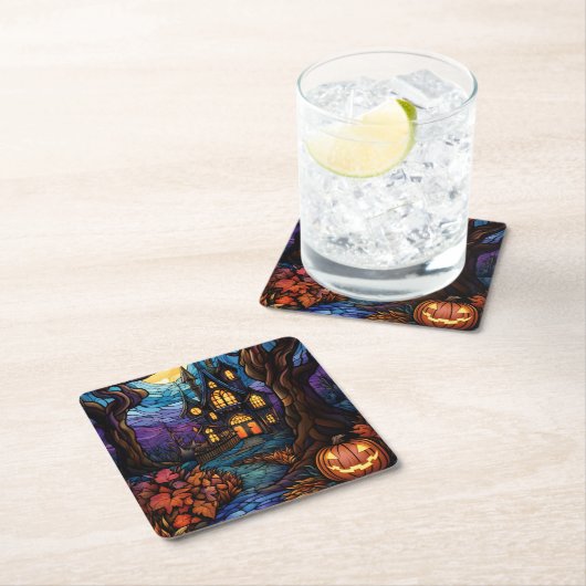 Glas in lood stijl spookhuis vierkante kartonnen onderzetter (Insitu)