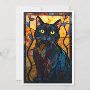 Glas-in-lood stijl Zwarte Kat met Bladeren Plat Kaart