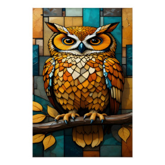 Glas-in-lood-uil-wandkunst op canvas voor kantoor perfect poster