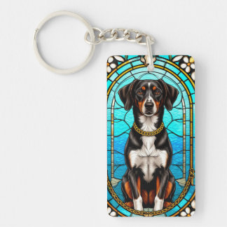 Glas in lood van een hond met gouden ketting sleutelhanger