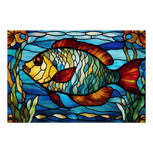 Glas in lood vissen zwemmen in de oceaan perfect poster (Voorkant)