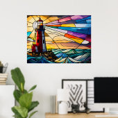 Glas in lood vuurtoren op zonsopgang poster (Thuiskantoor)