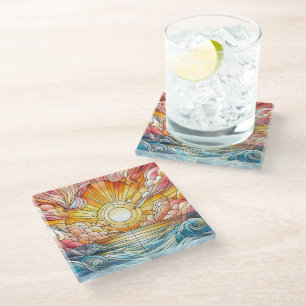 Glas-in-lood warme zonsondergang glazen onderzetter