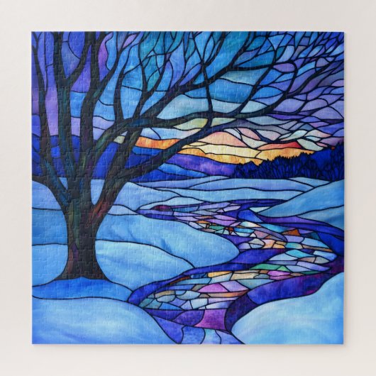 Glas in lood winterlandschap legpuzzel (Verticaal)