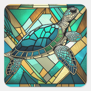 Glas in lood Zee schildpad illustratie Vierkante Sticker
