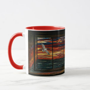 Glas-in-lood zonsondergang met meeuw en zeilboot mok