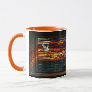 Glas-in-lood zonsondergang met pelikaan en zeilboo mok
