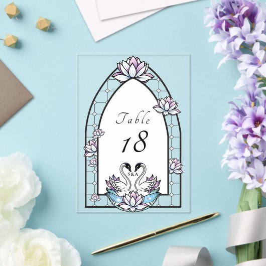 Glas in lood Zwaan Water Lily Trouwtafel Nummer Acryl Uitnodigingen (Insitu (Huwelijk))