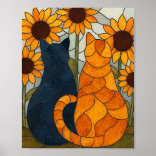 Glas-in-loodkatten en zonnebloemen kunstontwerp poster