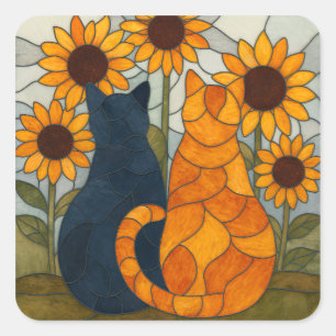 Glas-in-loodkatten en zonnebloemen kunstontwerp vierkante sticker