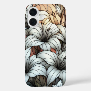 Glas-in-loodraam-effect met witte lelies iPhone 16 hoesje
