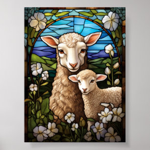 Glas-in-loodschap Schapen en Lammetje in Weiland R Poster