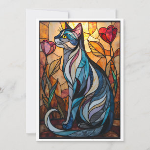 Glas-in-loodstijl Grijze Kat met Bloemen Kaart