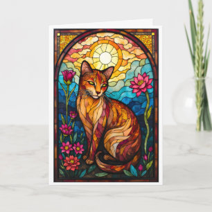 Glas-in-loodstijl oranje katje met roze bloemen kaart