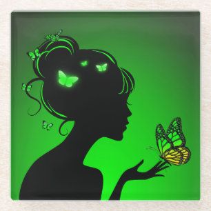 Glas onderzetter met vrouw met groene vlinders