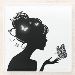 Glas onderzetter met vrouw met witte vlinders in g
