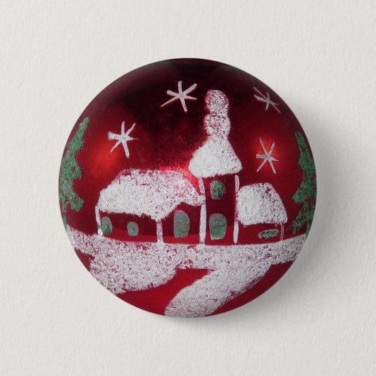 Glas Rood Kerstversiering Sneeuwhuis Ronde Button 5,7 Cm (Voorkant)