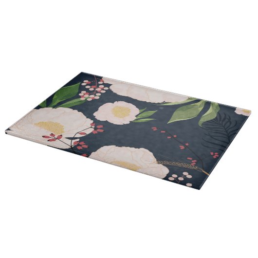 Glas Snijden Witte Bloemen op Donkerblauw Snijplank (Hoek)