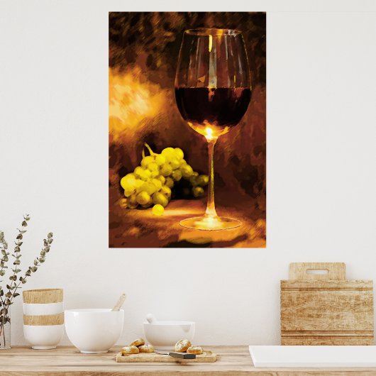 Glas van wijn en groene druiven in kaarslicht poster (Keuken)