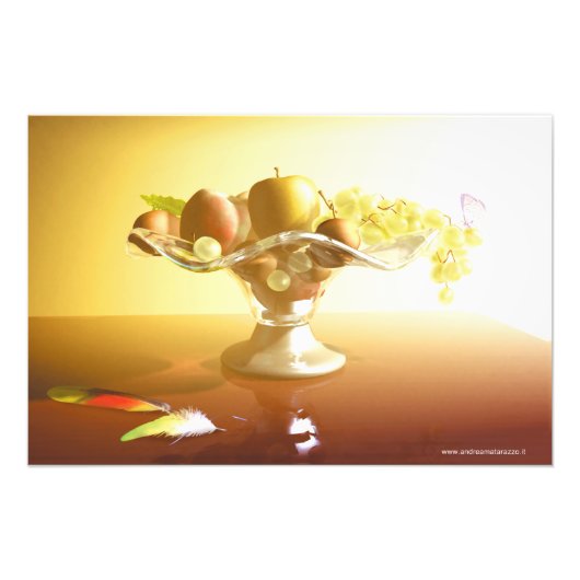 Glasmand met vruchten en vlinder foto afdruk (Voorkant)