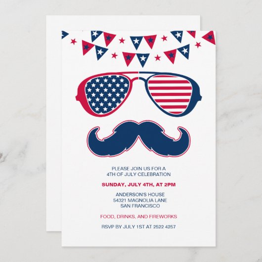 Glasses and Mustache 4th Of July Invitations (Devant / Derrière)
