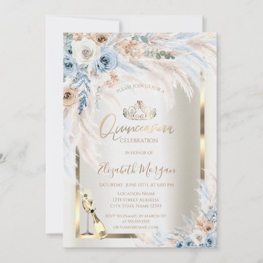 Glazen flesje Blauwe Rozen Pampas Grass Quinceaner Kaart (Voorkant)
