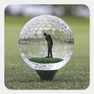 Glazen golfbal met golfspeler binnen, vierkante sticker