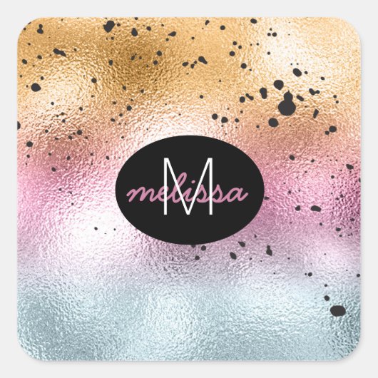 Glazen gradiënt en Splatter Monogram roze ID444 Vierkante Sticker (Voorkant)