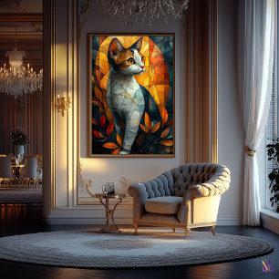 Glazen in lood kat met herfstgloed poster