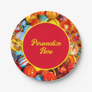 Glazen marbles kleurig papieren bordje