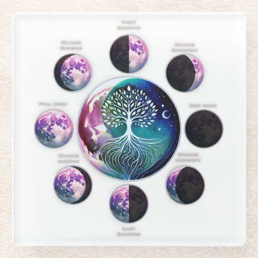 Glazen Onderzetter met Moon Phase Chart & Tree of  (Voorkant)
