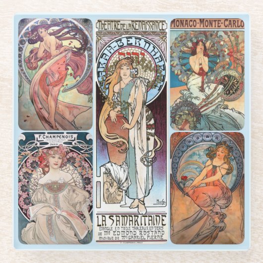 Glazen ONDERZETTER - Mucha Women Collage #C1 (Voorkant)