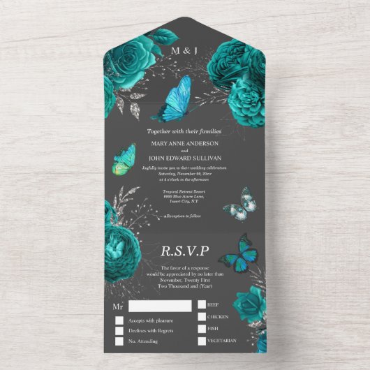 Glazen roos van Aqua grijs All In One Uitnodiging (Binnen)