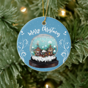 Glazen Sneeuwbal Winter Dorp Sneeuwvlokken Blauw Keramisch Ornament
