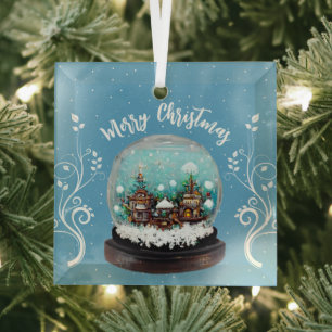 Glazen Sneeuwbal Winterdorp Sneeuwvlokken Blauw  Glas Ornament