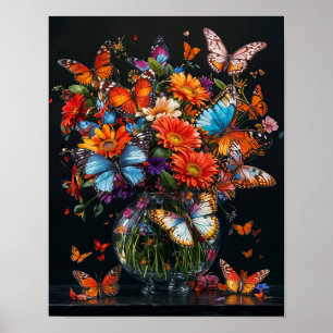 Glazen vaas met kleurrijke vlinders en bloemen. poster