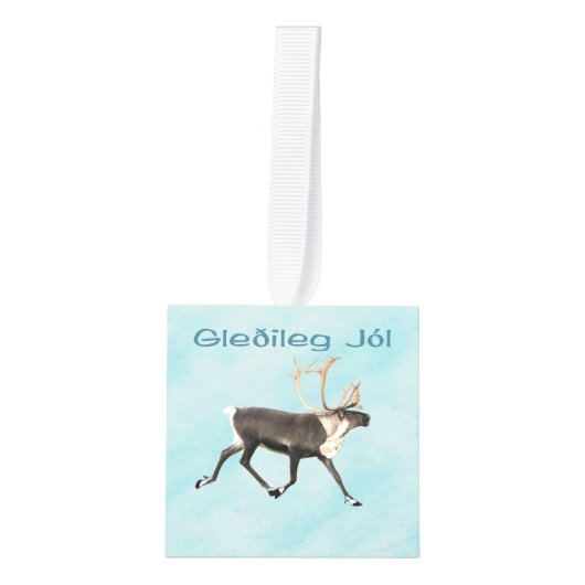 Gleðileg Jól - Cariou (rendier) op sneeuw Kubus Ornament (Voorkant)