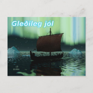 Gleðileg Jól - Viking Ship and Northern Lights Briefkaart